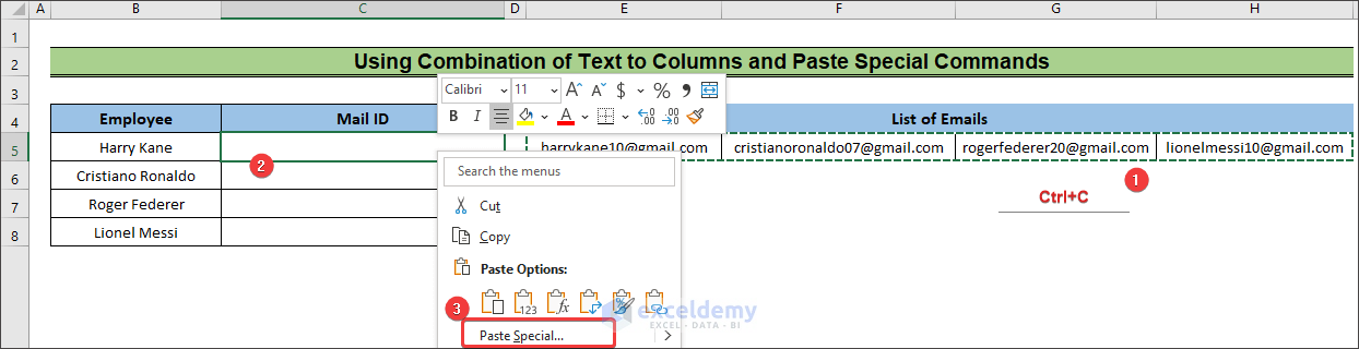 choosing paste special command to show how to paste a list of emails into excel