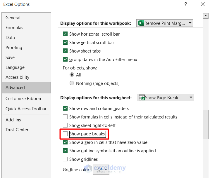 Use show page break to remove print margins in Excel