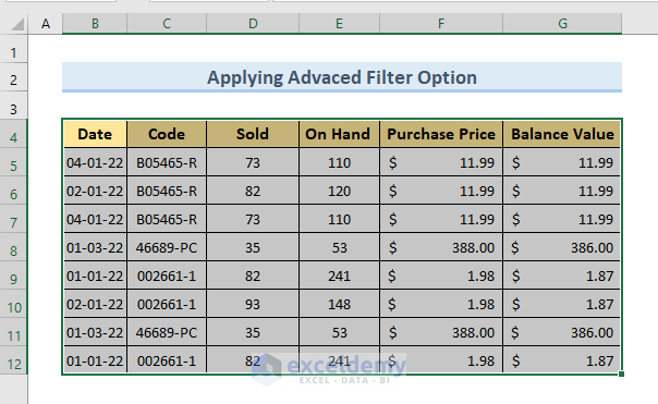 Apply Advanced Filter Option to Remove Rows Containing Same Transactions