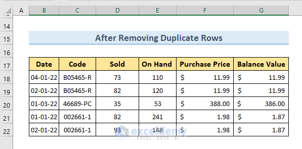 how to remove rows containing identical transactions in excel result