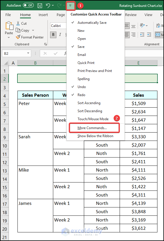 Using the Camera Tool to rotate sunburst chart in excel