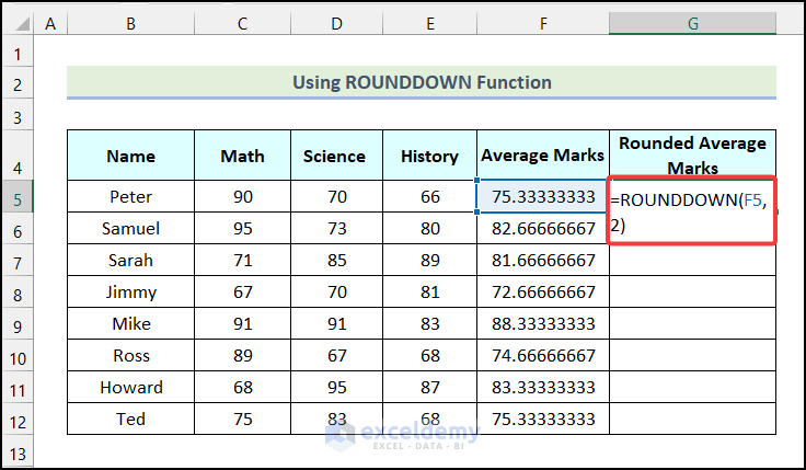 Using ROUNDDOWN Function to round off decimals in excel