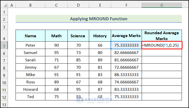 Applying MROUND Function to round off decimals in excel