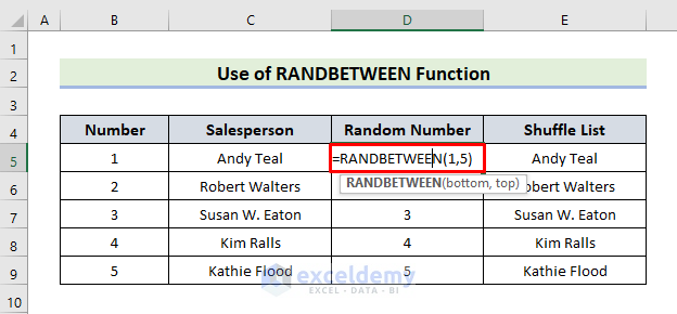 Insert RANDBETWEEN Function for Shuffling Data