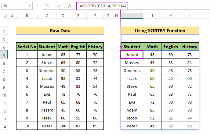 Sort Columns Without Mixing Data Using SORTBY Function in Excel