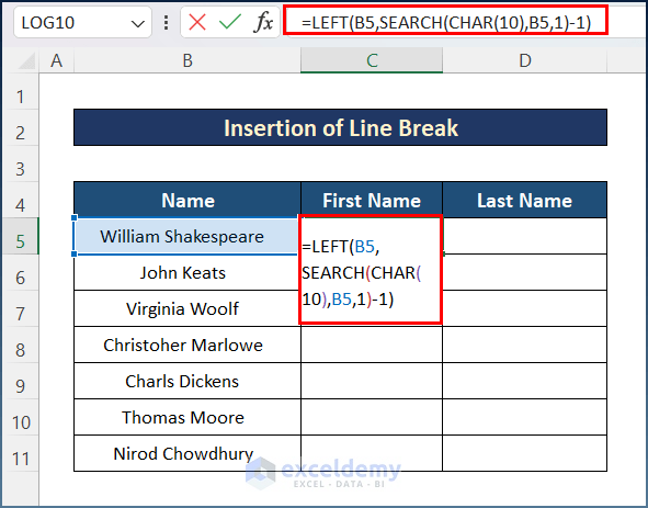 Insertion of Line Break o Split One Cell into Two in Excel