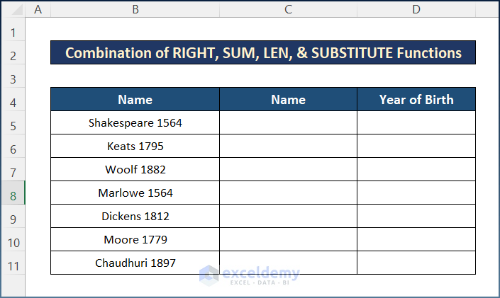 Sample Dataset to Combine RIGHT, SUM, LEN, and SUBSTITUTE Functions to Split Cell