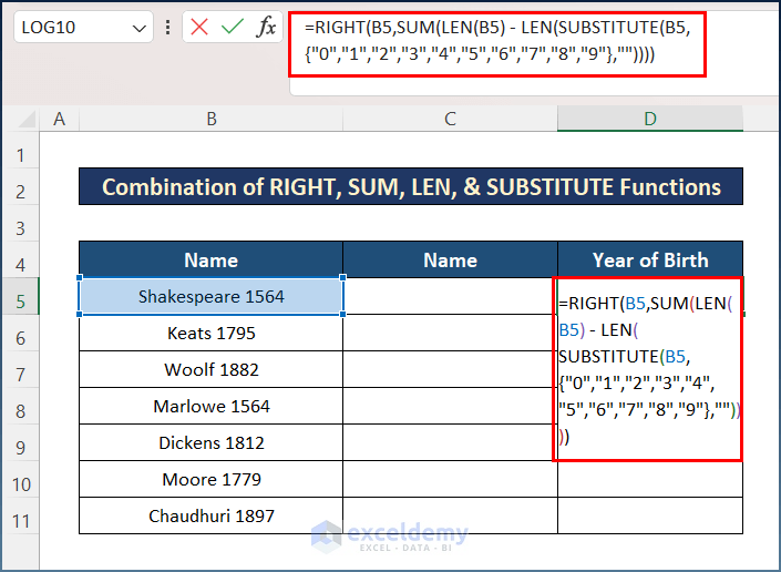 Combination of RIGHT, SUM, LEN, and SUBSTITUTE Functions to Split Cell in Excel