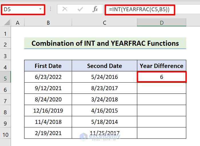 Combine INT and YEARFRAC Functions to Deduct Dates