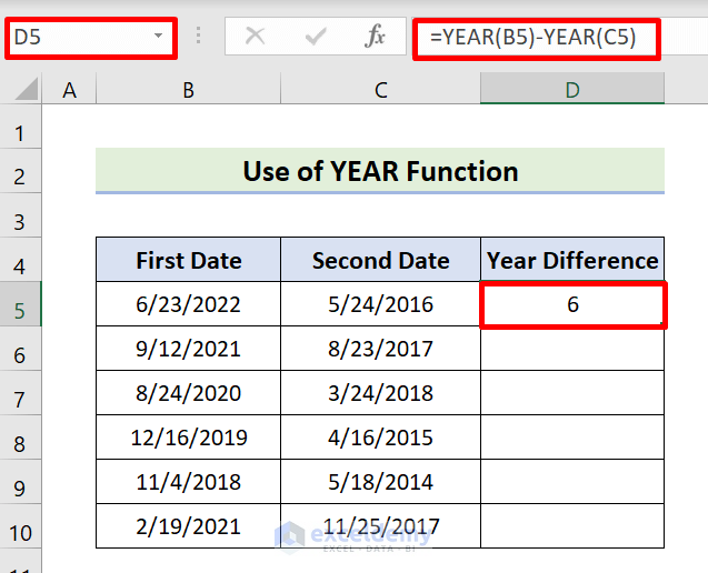 3. Insert Excel YEAR Function for Subtracting Dates to Obtain Years