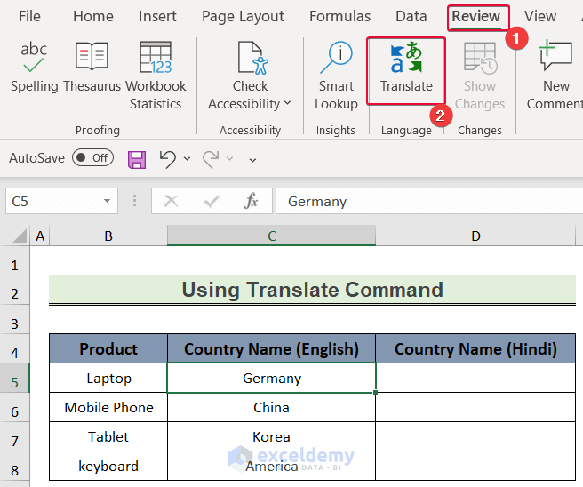 selecting translate command to show how to translate english to hindi in excel