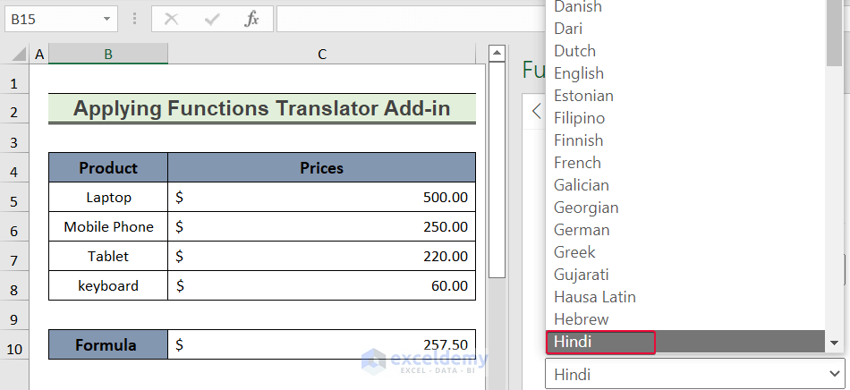 selecting hindi as function language to show how to translate english to hindi in excel