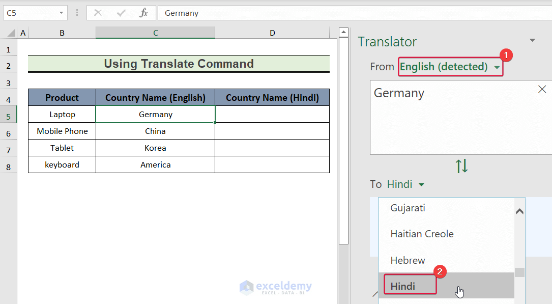selecting hindi language to show how to translate english to hindi in excel