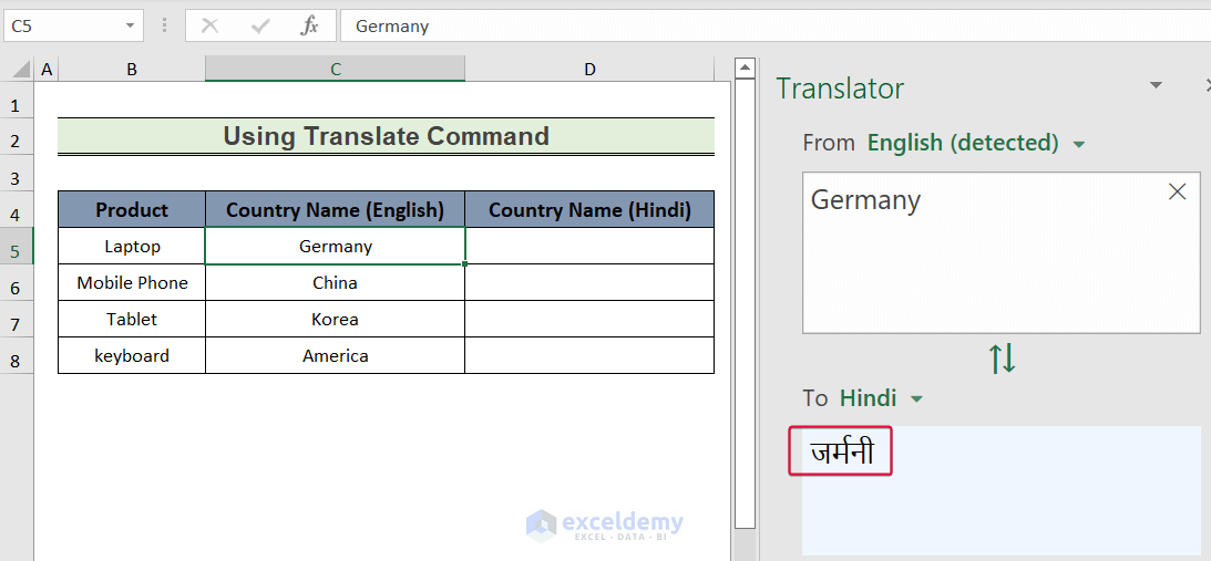 using translator command to show how to translate english to hindi in excel