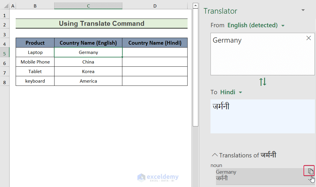 copying hindi word to show how to translate english to hindi in excel