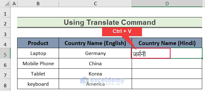 pasting hindi word to show how to translate english to hindi in excel
