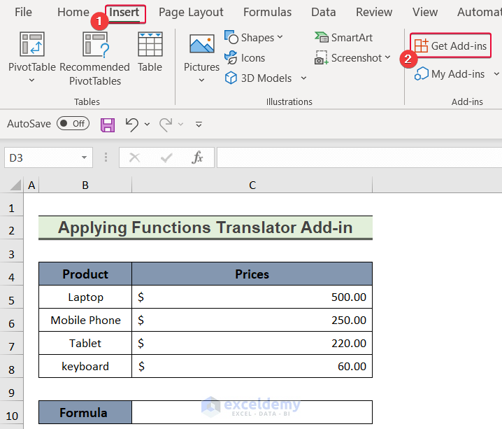 inserting get add-ins command to show how to translate english to hindi in excel