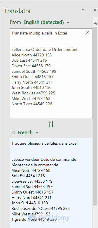Built-in feature to translate multiple cells in excel