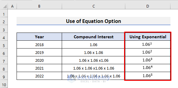 How to Type Exponential in Excel output using Equation Option