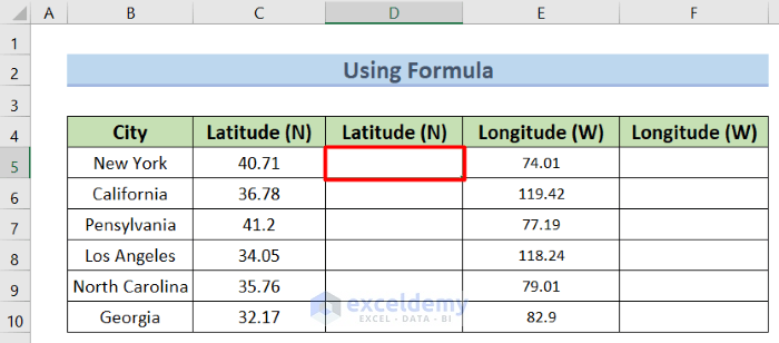 Using Formula to how to write latitude and longitude in excel