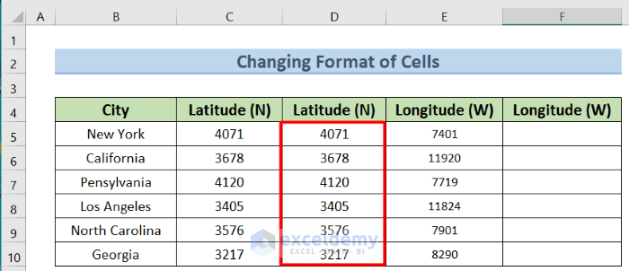 changing format to how to write latitude and longitude in excel