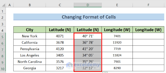 changing format to how to write latitude and longitude in excel