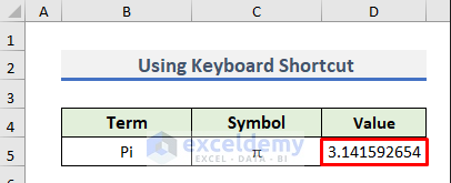 Use el atajo de teclado para insertar el símbolo PI en Excel