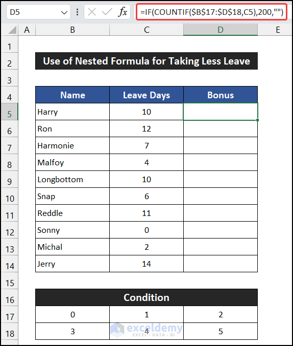 Use of Nested IF and COUNTIF Formula for Taking Less Leave