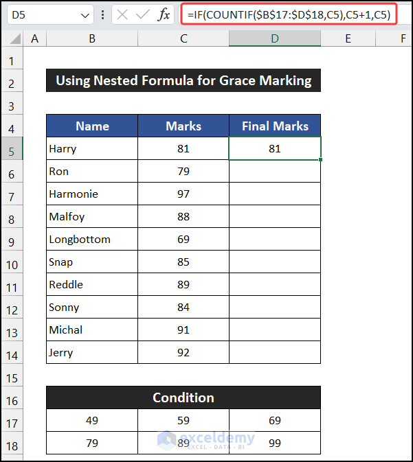 Using Nested IF and COUNTIF Formula for Grace Marking