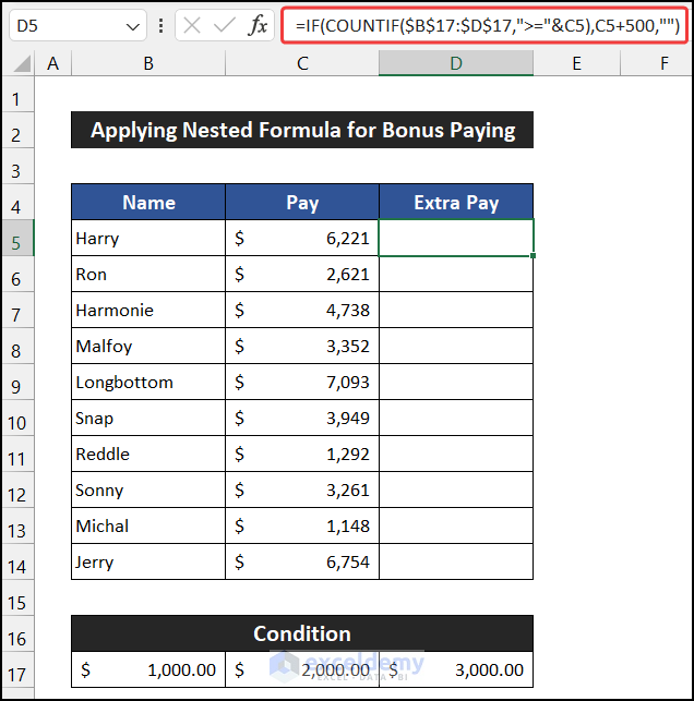 Applying Nested IF and COUNTIF Formula for Bonus Paying