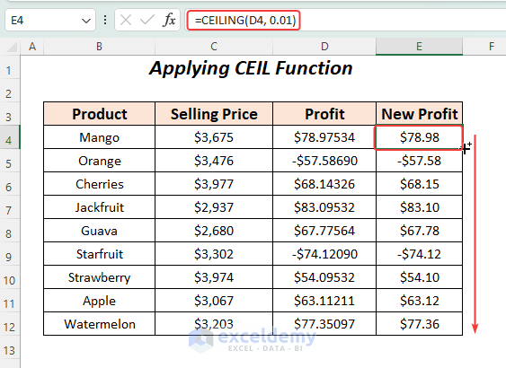 Reducing decimal using CEIL function