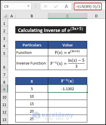 Applying the LN function to get the inverse value of the exponential function