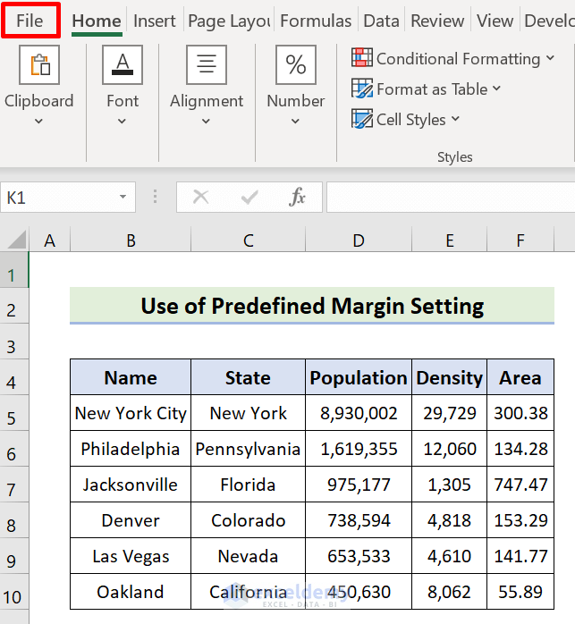 Use Predefined Margin Setting in Excel