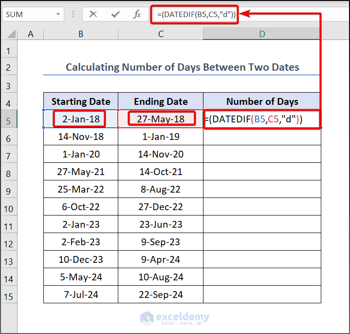 Calculating Number of Weekdays Between Two Dates in Excel 