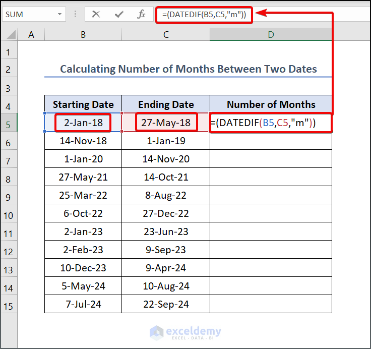 Calculating Number of Months Between Two Dates in Excel