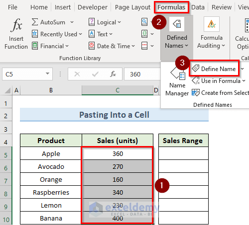 pasting into a cell using the paste name dialog box in excel