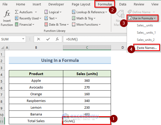 pasting in a formula using the paste name dialog box in excel