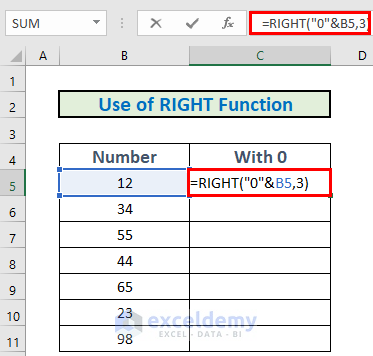 RIGHT Function prefix 0 in excel