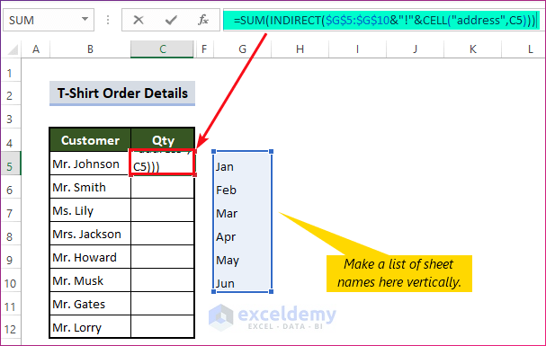 Combine INDIRECT and CELL Functions to Pull the Same Cell from Multiple Sheets and Sum into Master Column