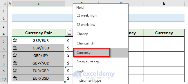 using currencies data type to create a real-time currency converter in excel