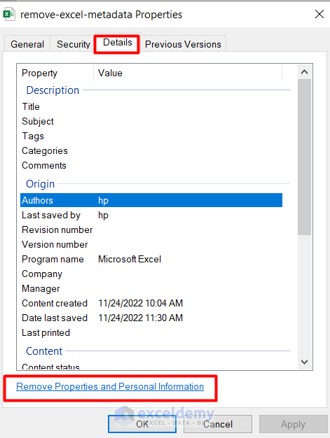 Excel Removing Metadata from Windows File Explorer
