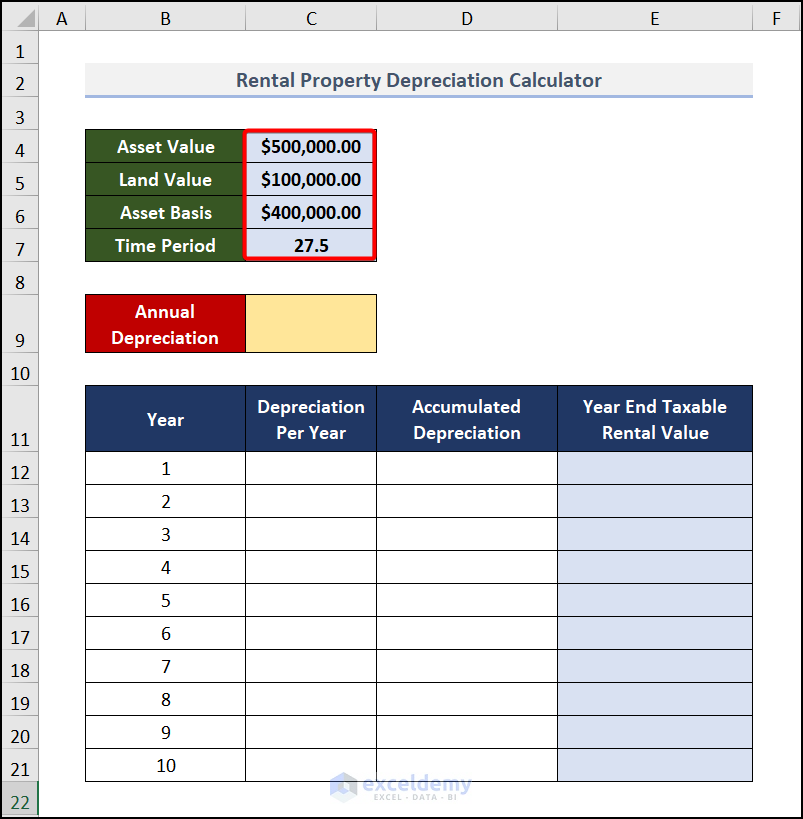 Input the Entities of rental property depreciation calculator in Excel
