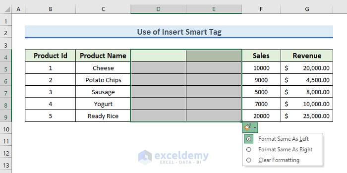 Avail Insert Smart Tag to Insert Cells