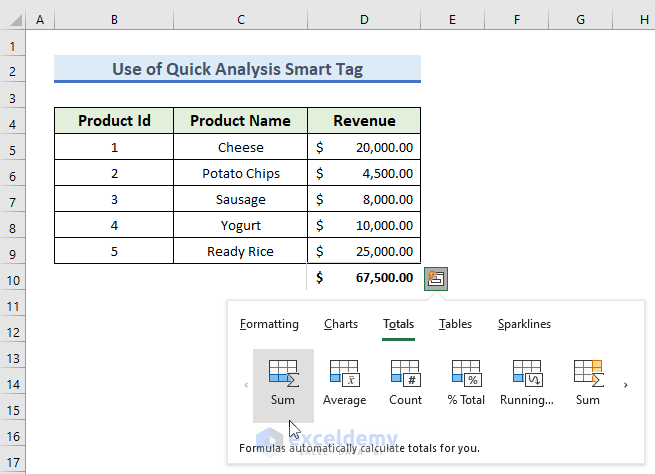 Utilize Quick Analysis Smart Tag for Different Excel Operations