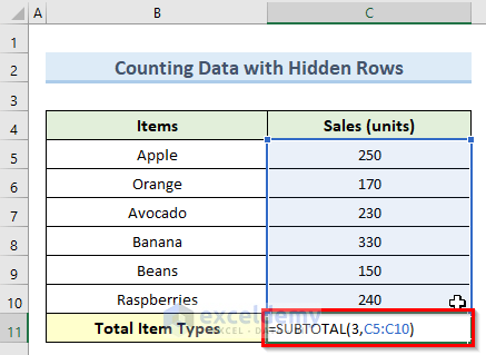 how to use the SUBTOTAL COUNTA function in excel to count data with hidden rows