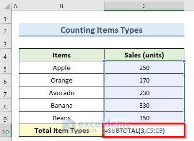 how to use the SUBTOTAL COUNTA function in excel for counting item types