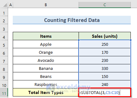 how to use the SUBTOTAL COUNTA function in excel to count filtered data