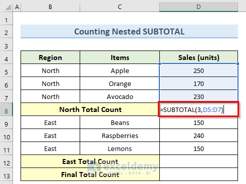 how to use the SUBTOTAL COUNTA function in excel to find nested subtotal