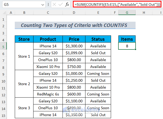 sum countif multiple criteria method 4