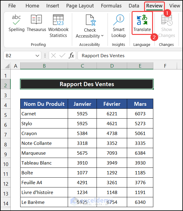Selecting Translate option to translate an Excel file from French to English